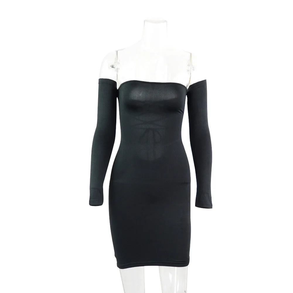 Black off-shoulder bodycon dress with sheer panel at the top.