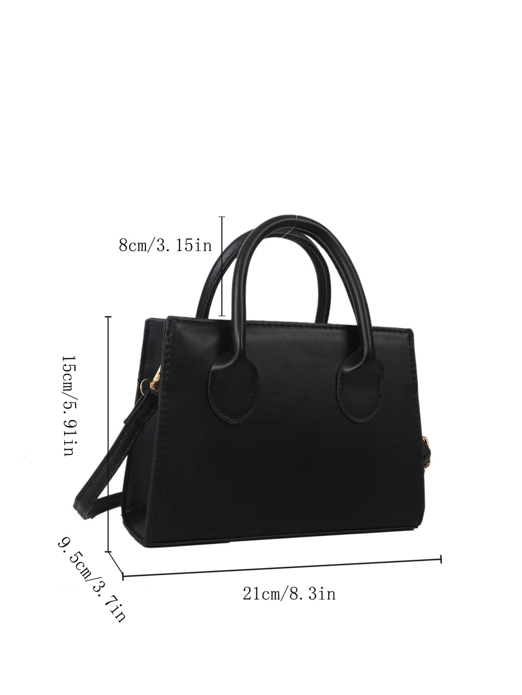 Black leather handbag with top handles and gold hardware, shown with dimensions.
