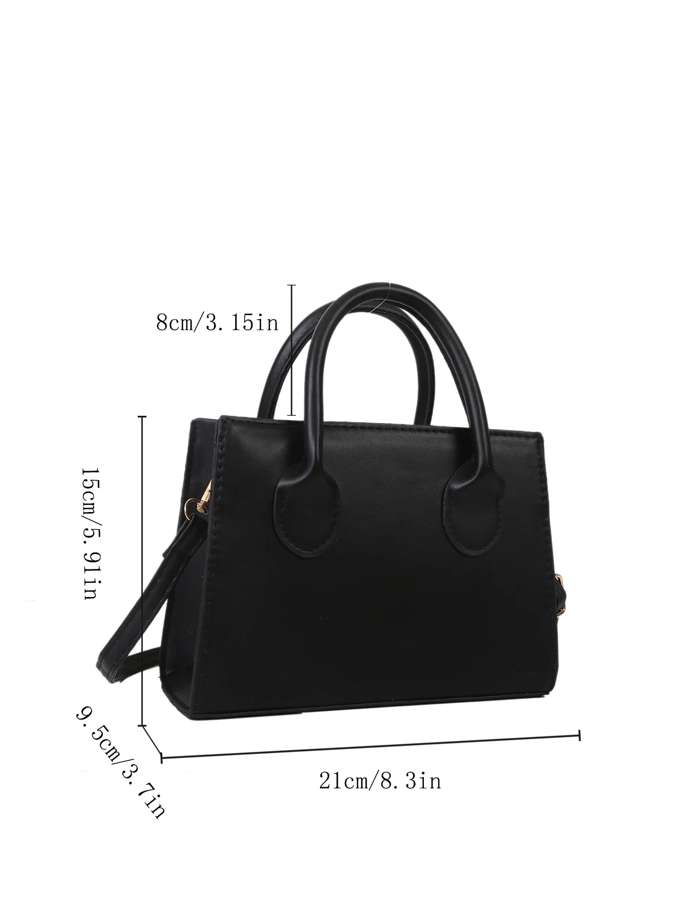 Black leather handbag with top handles and gold hardware, shown with dimensions.