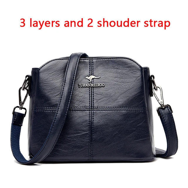 Navy blue leather shoulder bag with 3 layers and two straps.