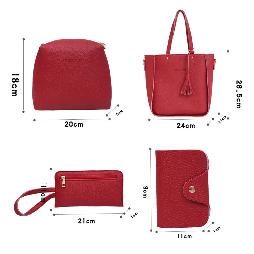 Red leather handbag set with dimensions 24cm x 11cm x 2.5cm, 20cm x 18cm x 5cm, 21cm x 8cm x 1cm, and 11cm x 10cm x 1cm.