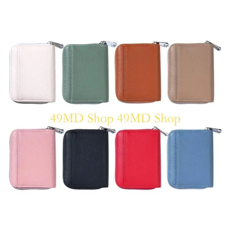 Eight colorful leather zippered card holders displayed in two rows.