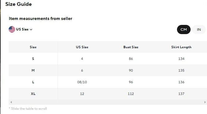 Size guide table showing US sizes, bust measurements, and skirt lengths in centimeters.