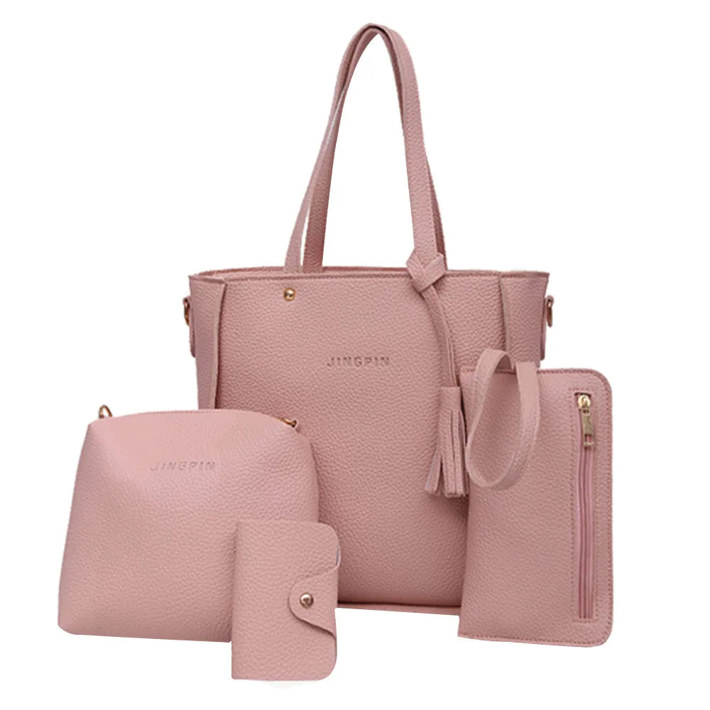 Pink leather tote bag set with matching pouches and tassel accents.