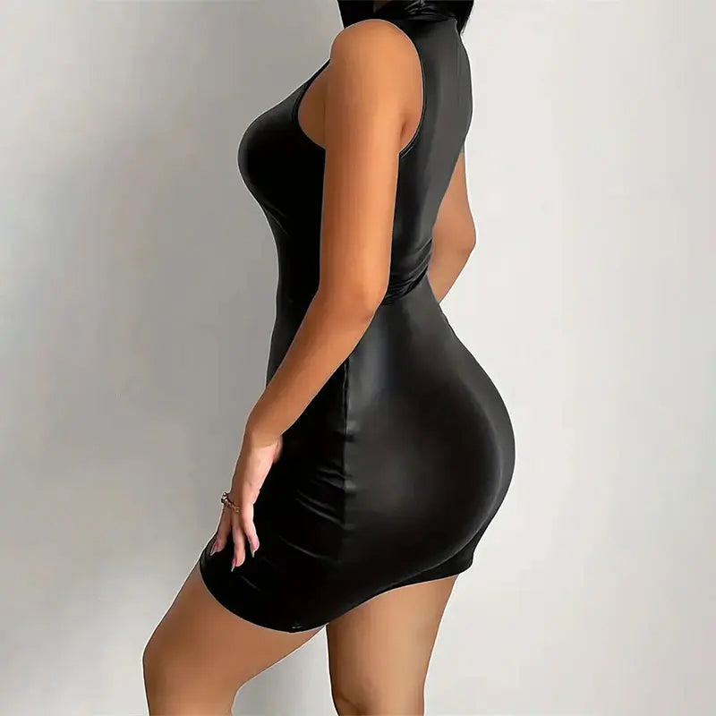 Black sleeveless mini dress with a fitted silhouette and high neckline.