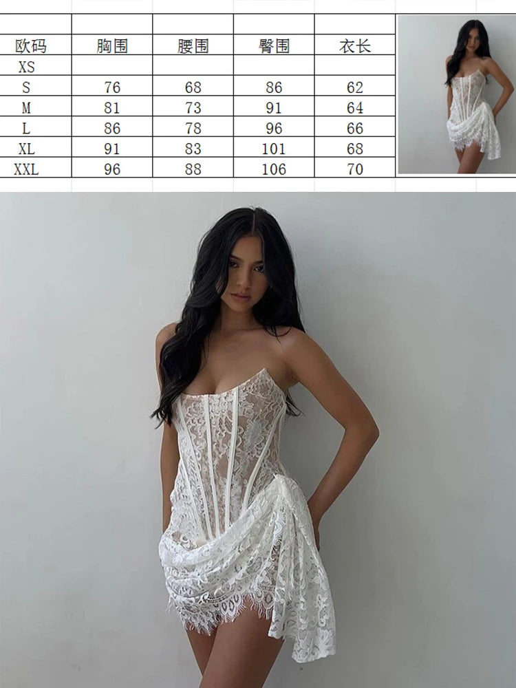 White lace corset-style dress with size chart displayed above.