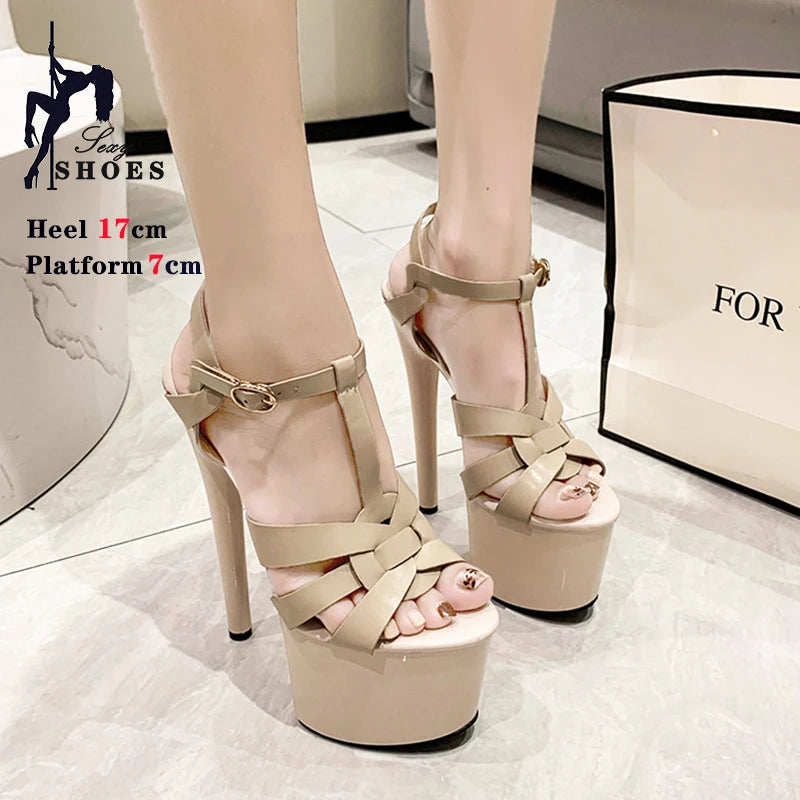 High-heeled platform sandals with 17cm heel and 7cm platform.