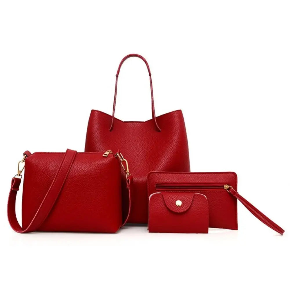 Red leather handbag set with tote, crossbody, and two pouches on white background.