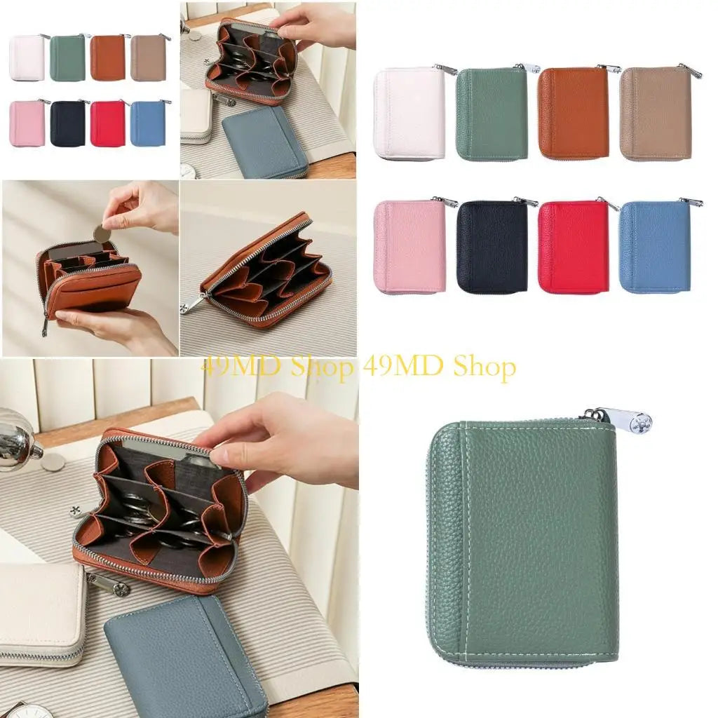 Colorful compact wallet with multiple card slots and a zipper closure.
