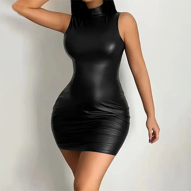 Black sleeveless bodycon dress with high neckline and ruched design.