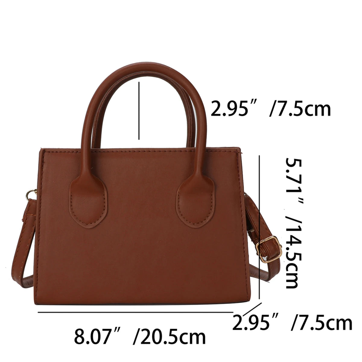 Brown leather handbag with top handles and side measurements displayed.