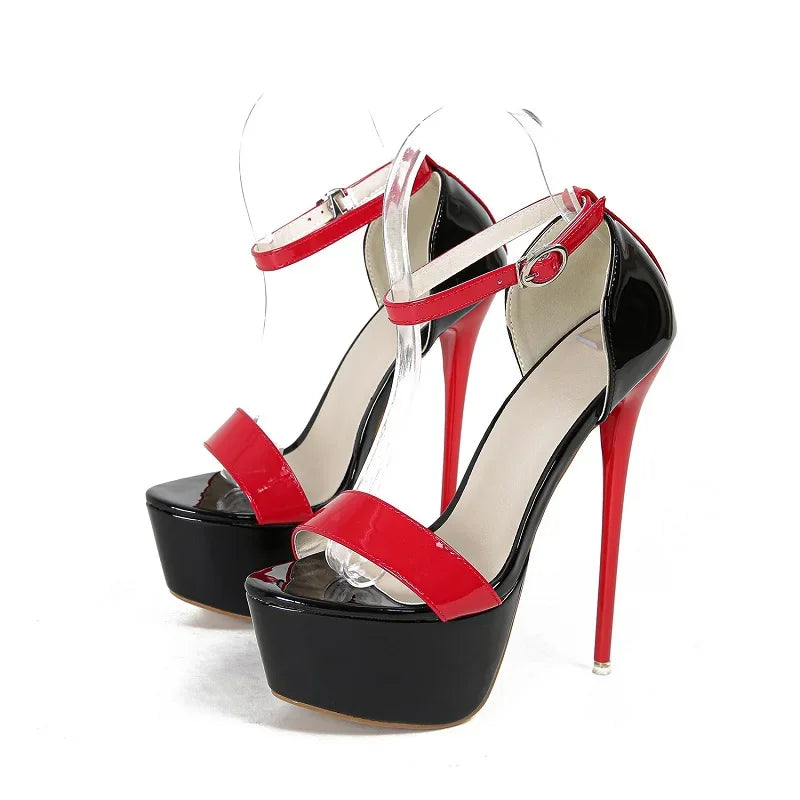 Black and red high-heeled platform sandals with clear straps.