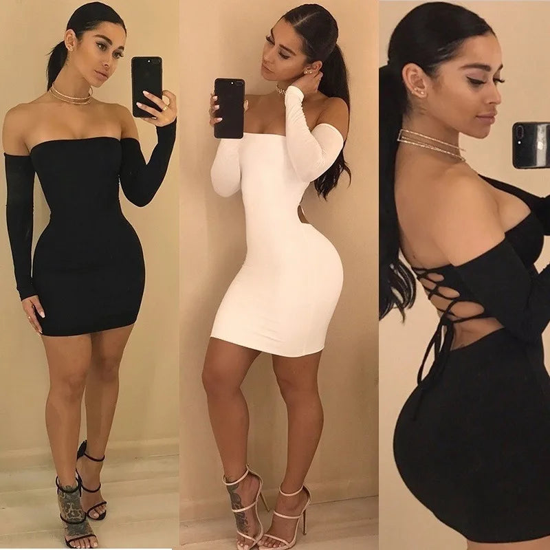 Woman in black and white off-shoulder dresses taking mirror selfies.