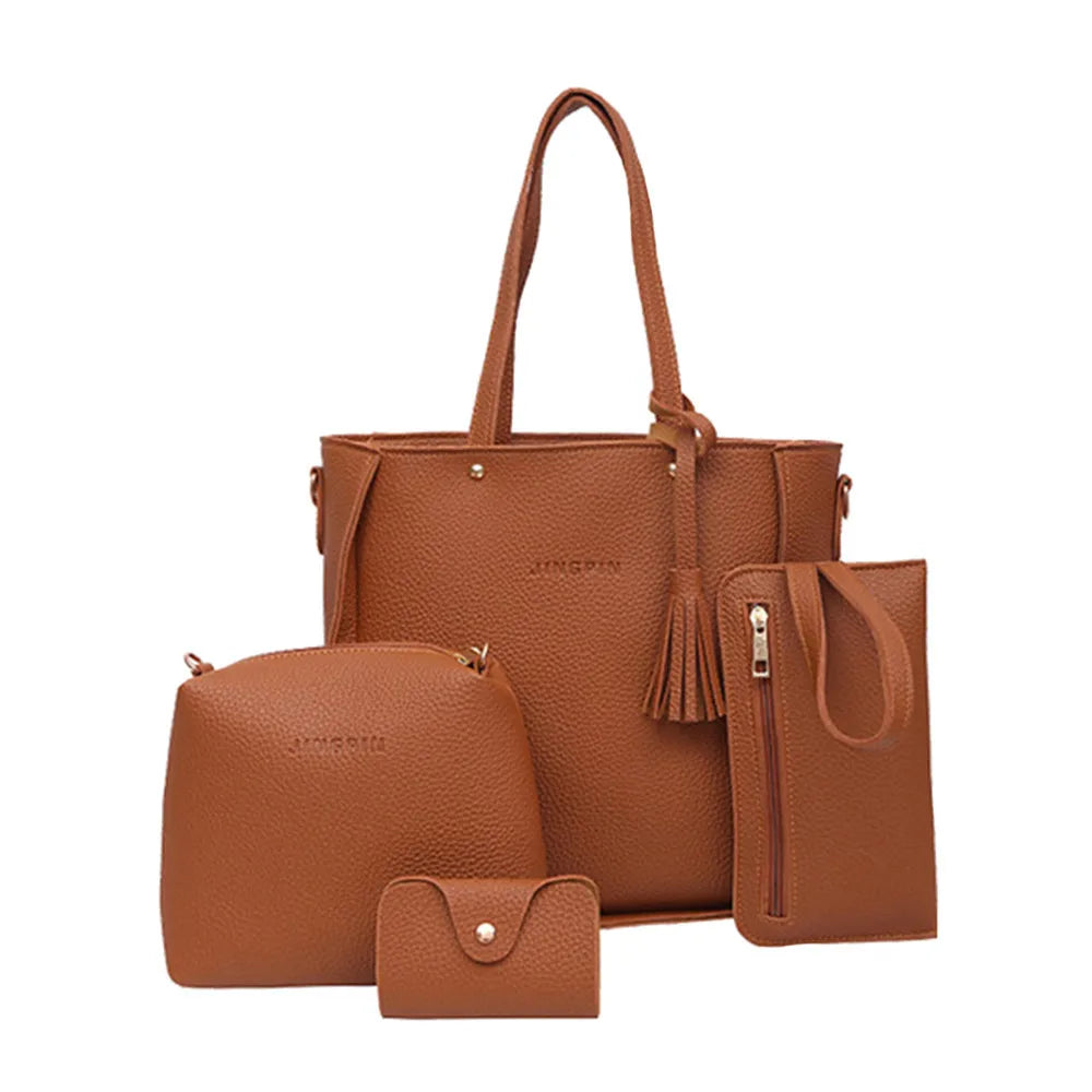 Brown leather tote bag set with matching pouches and tassel detail.